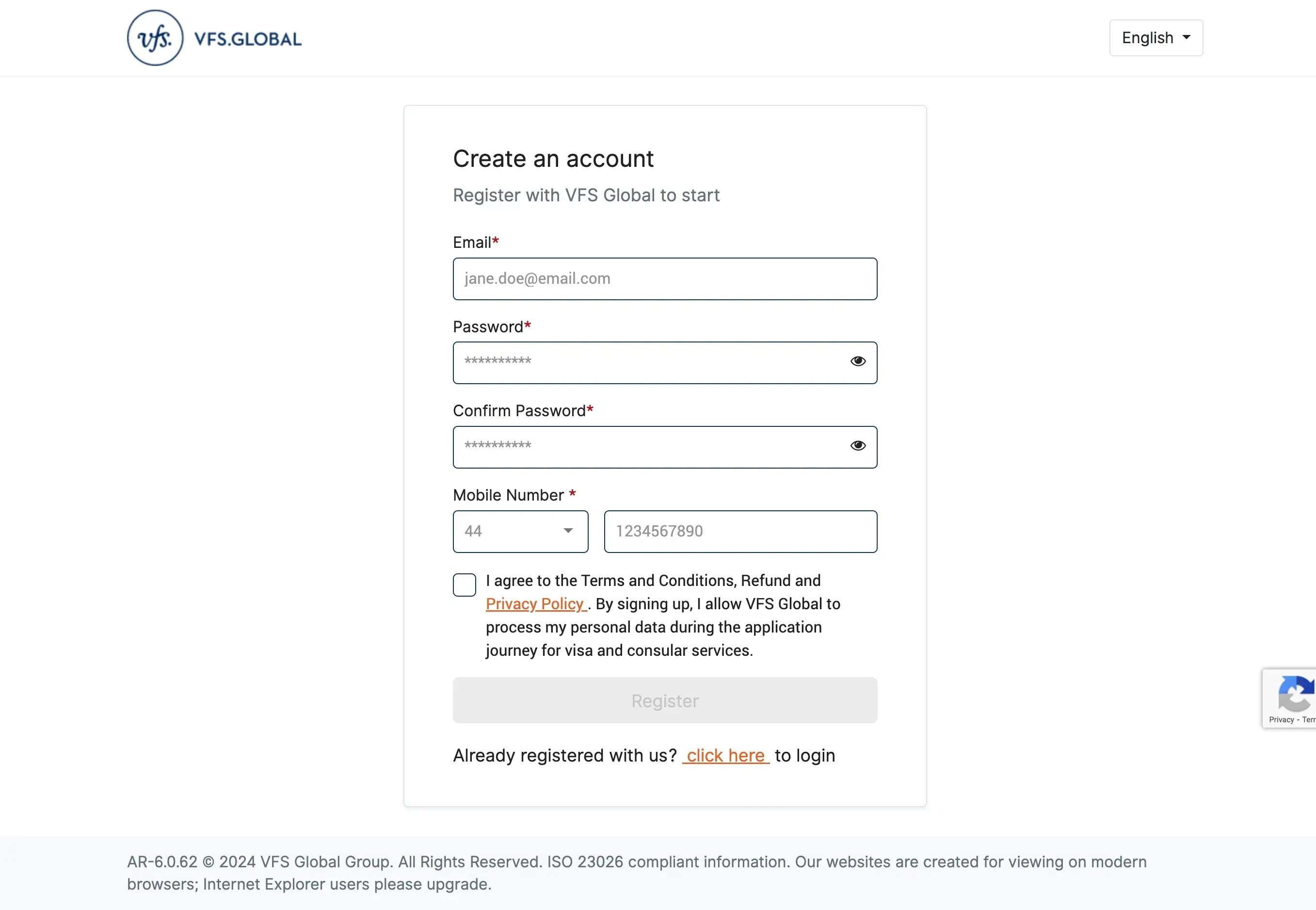 VFS Create New Account